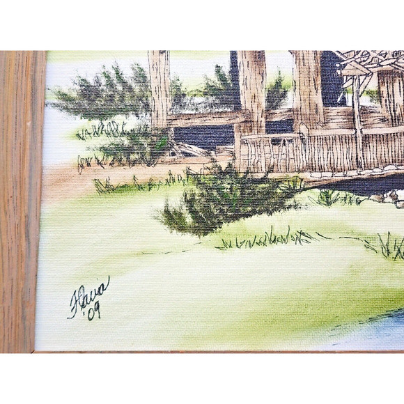 PICTURE ART-Black Ink and Oil [rouging]-Handmade-Covered Bridge-14"x16" Framed - Picture 5 of 9